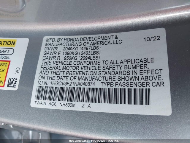 2022 HONDA ACCORD HYBRID SPORT VIN: 1HGCV3F21NA040874