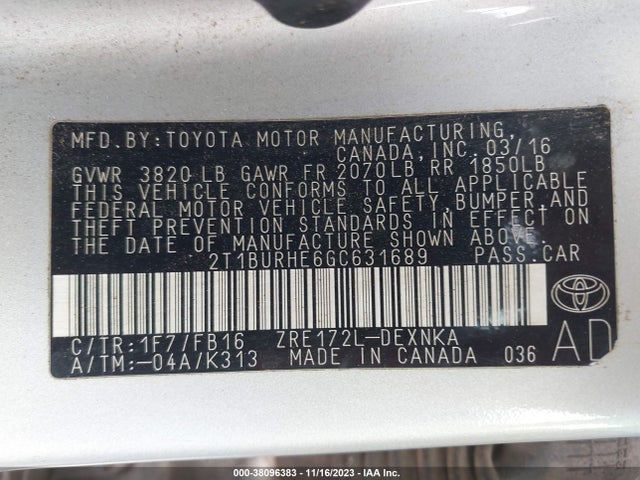 2016 TOYOTA COROLLA LE VIN: 2T1BURHE6GC631689