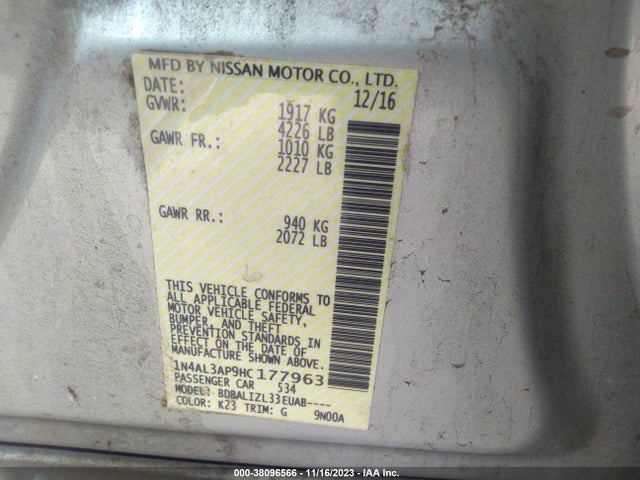 2017 NISSAN ALTIMA 2.5 SV VIN: 1N4AL3AP9HC177963