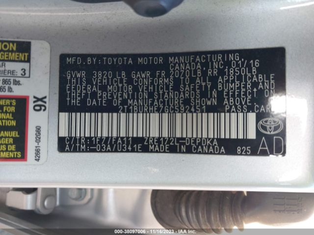 2T1BURHE7GC592451 Toyota COROLLA L