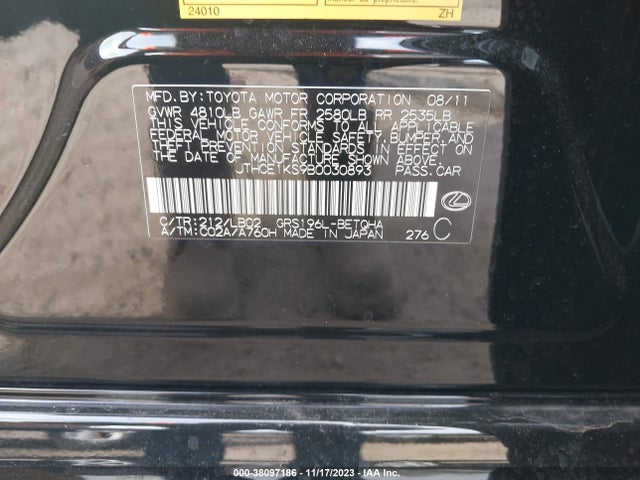 Aukcja sprzedaży 2011 Lexus Gs 350, vin: JTHCE1KS9B0030893, numer aukcji: 38097186