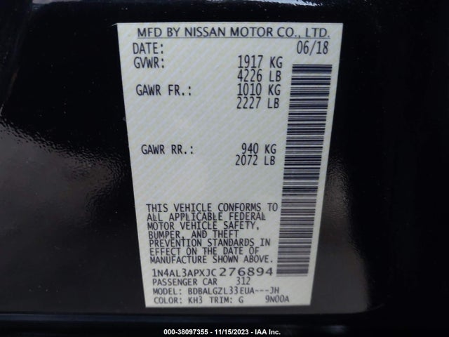 2018 NISSAN ALTIMA 2.5 S VIN: 1N4AL3APXJC276894