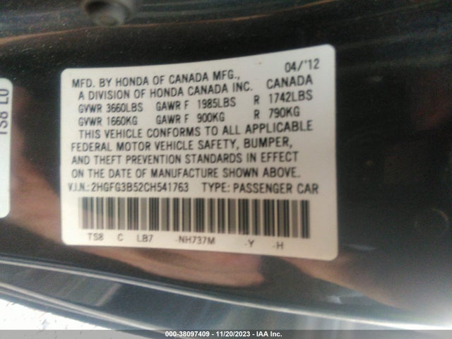 2012 HONDA CIVIC LX VIN: 2HGFG3B52CH541763