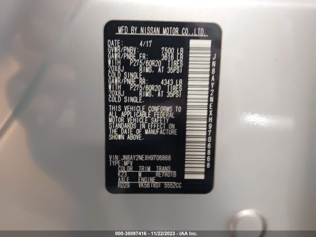 2017 NISSAN ARMADA PLATINUM VIN: JN8AY2NEXH9706868