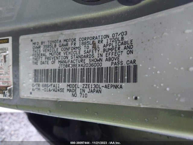 2004 TOYOTA COROLLA LE VIN: JTDBR38EX42036000