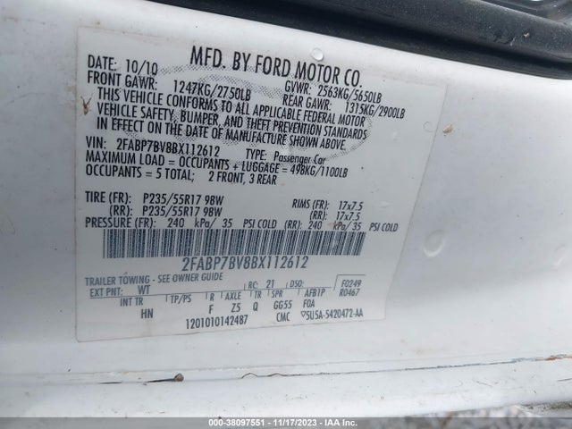 2011 FORD CROWN VICTORIA POLICE VIN: 2FABP7BV8BX112612