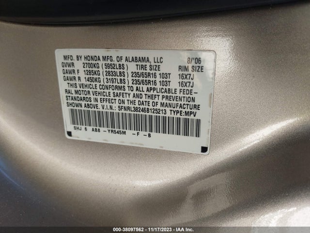 2006 HONDA ODYSSEY LX VIN: 5FNRL38246B125213