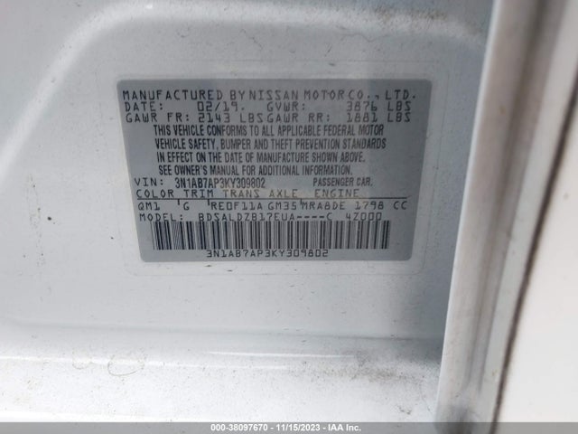 2019 NISSAN SENTRA SV VIN: 3N1AB7AP3KY309802