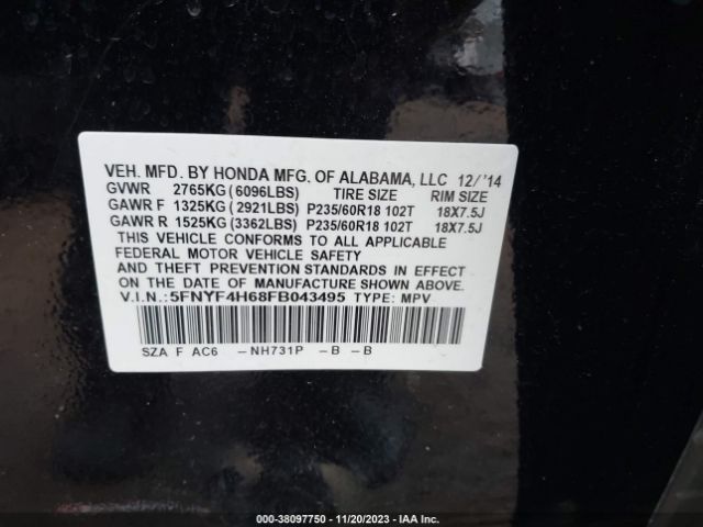 5FNYF4H68FB043495 Honda Pilot Ex-l