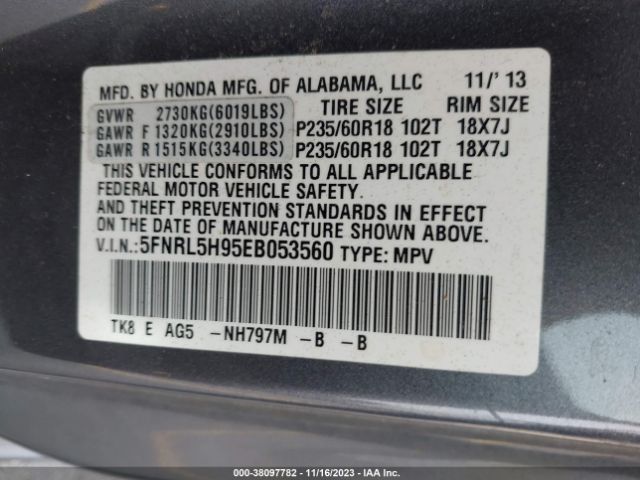 5FNRL5H95EB053560 Honda Odyssey Touring/touring Elite