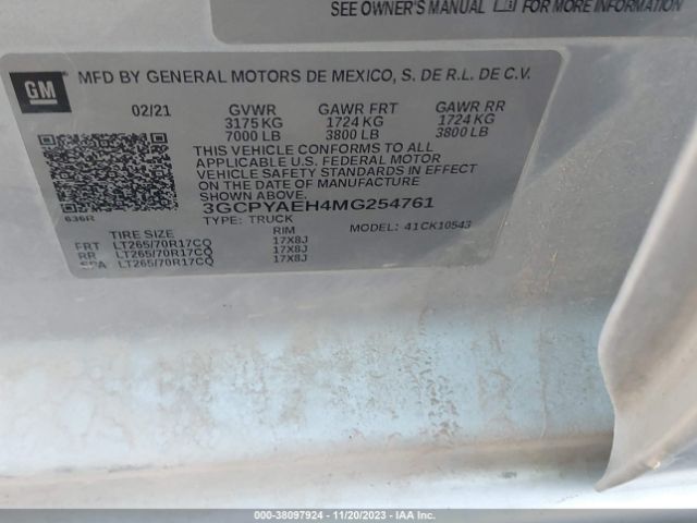 3GCPYAEH4MG254761 Chevrolet Silverado 1500 4wd  Short Bed Wt