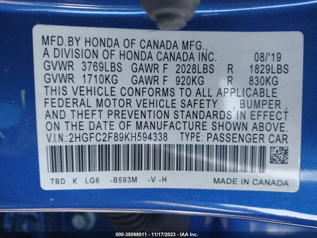 Honda Civic Sport 2019 2HGFC2F89KH594338 Image 9