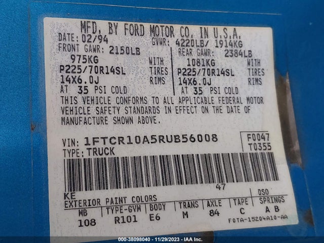 1994 FORD RANGER VIN: 1FTCR10A5RUB56008
