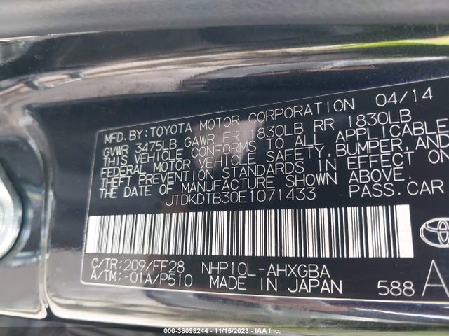 Toyota Prius C Three 2014 JTDKDTB30E1071433 Image 9