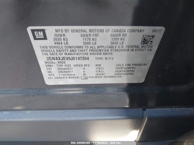 Chevrolet EQUINOX LT 2018 2GNAXJEV8J6147354 Image 9