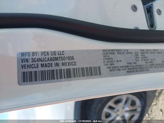 2021 JEEP COMPASS SPORT FWD VIN: 3C4NJCAB0MT501936