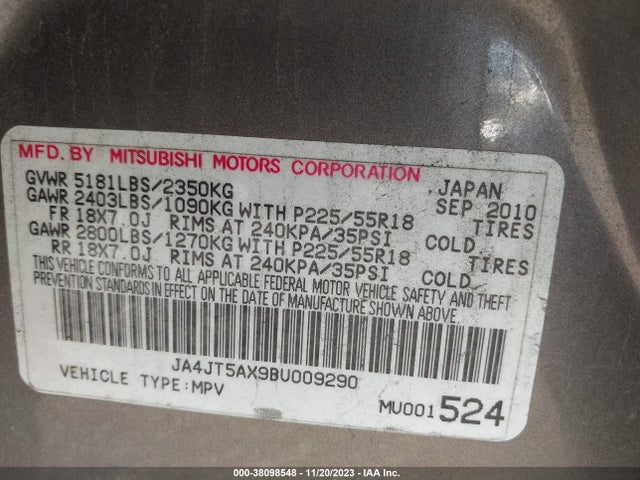 2011 MITSUBISHI OUTLANDER GT VIN: JA4JT5AX9BU009290