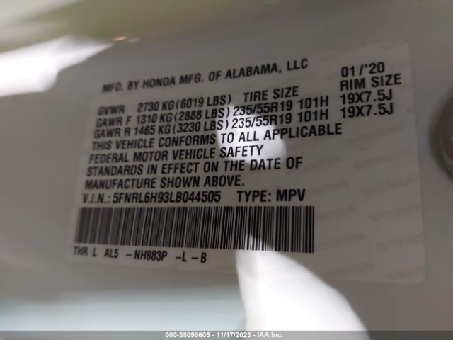5FNRL6H93LB044505 Honda Odyssey Elite