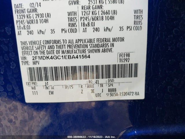 2014 FORD EDGE SE VIN: 2FMDK4GC1EBA41564