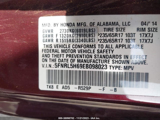 Honda Odyssey Ex-l 2014 5FNRL5H69EB098023 Image 9
