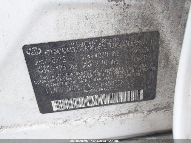 2012 HYUNDAI SONATA 2.4L SE VIN: 5NPEC4AC8CH458566