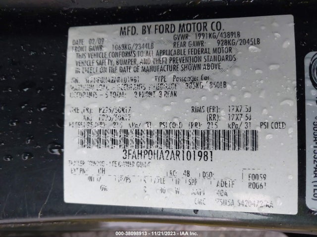 2010 FORD FUSION SE VIN: 3FAHP0HA2AR101981
