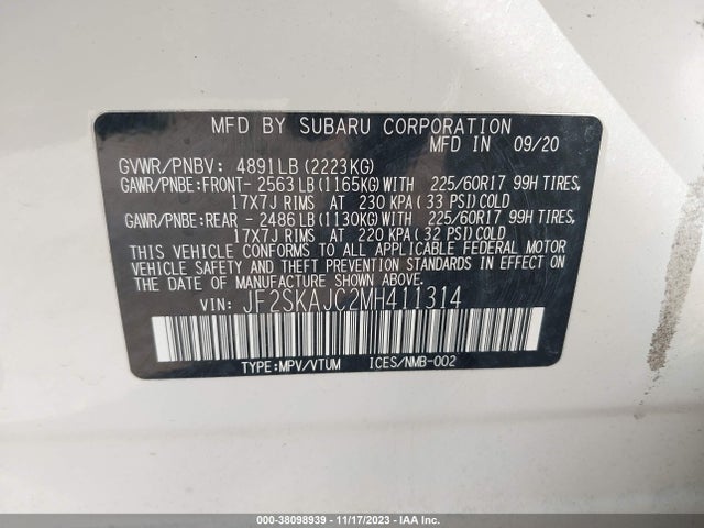 2021 SUBARU FORESTER PREMIUM VIN: JF2SKAJC2MH411314