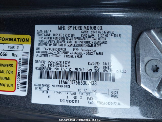2017 FORD MUSTANG GT VIN: 1FA6P8CF6H5309433