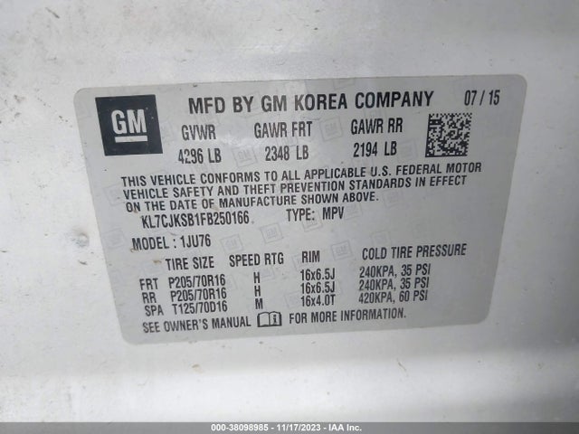 Chevrolet Trax 1ls 2015 KL7CJKSB1FB250166 Image 9