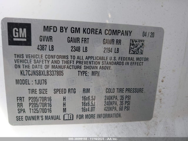 Chevrolet Trax Awd Ls 2020 KL7CJNSBXLB337805 Image 9