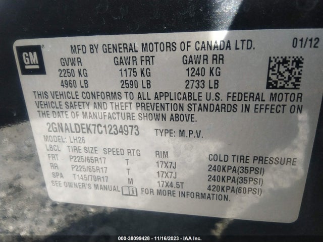 2012 CHEVROLET EQUINOX 1LT VIN: 2GNALDEK7C1234973