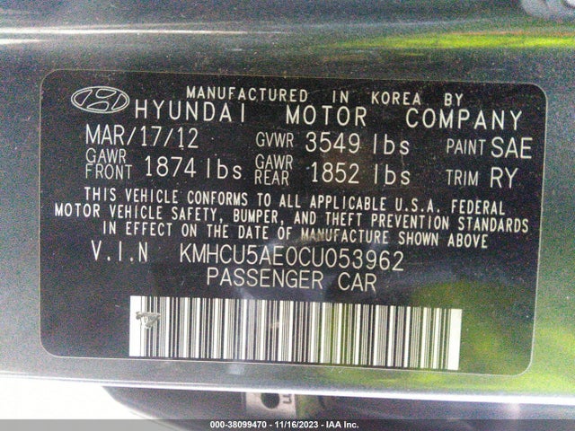 2012 HYUNDAI ACCENT SE VIN: KMHCU5AE0CU053962