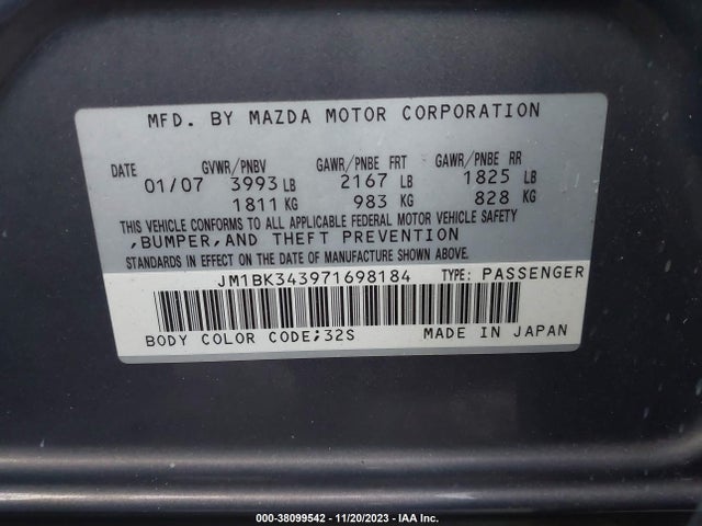 Aukcja sprzedaży 2007 Mazda Mazda3 S Grand Touring, vin: JM1BK343971698184, numer aukcji: 38099542