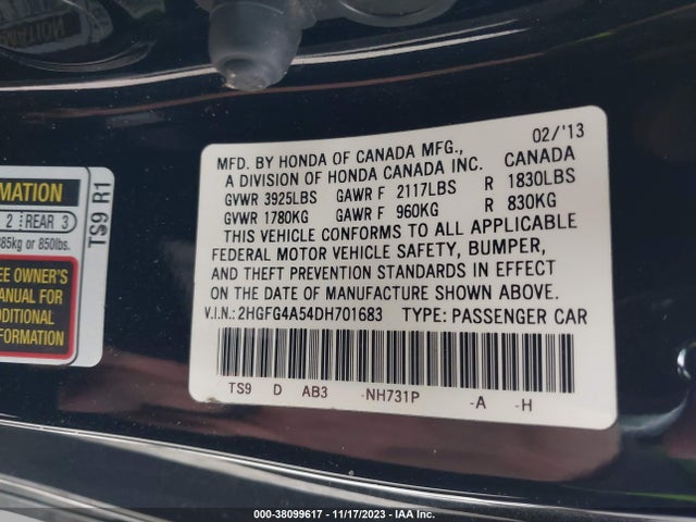 2013 HONDA CIVIC SI VIN: 2HGFG4A54DH701683