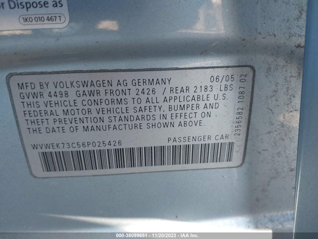 2006 VOLKSWAGEN PASSAT 2.0T VIN: WVWEK73C56P025426