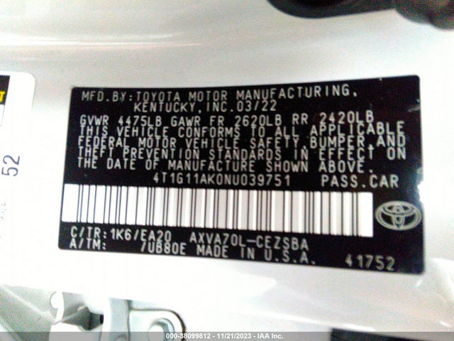 Toyota CAMRY SE 2022 4T1G11AK0NU039751 Image 9
