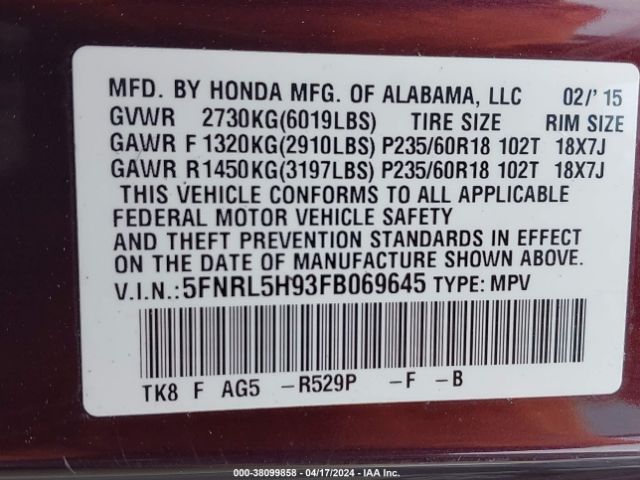 5FNRL5H93FB069645 Honda Odyssey Touring/touring Elite