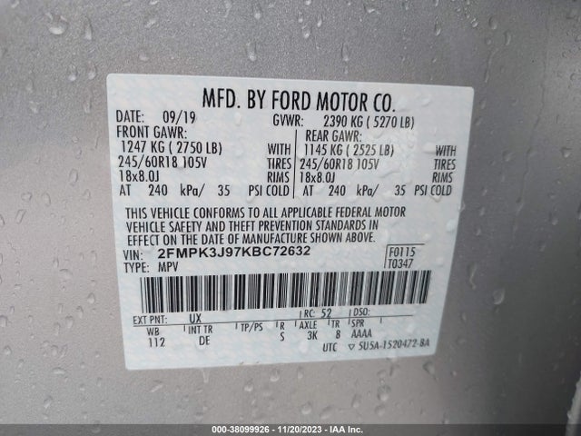 2019 FORD EDGE SEL VIN: 2FMPK3J97KBC72632