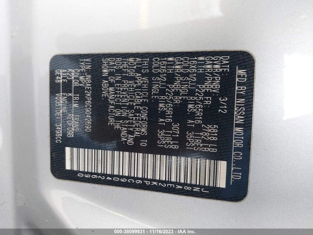 2012 NISSAN QUEST S VIN: JN8AE2KP6C9042690