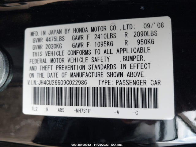 2009 ACURA TSX VIN: JH4CU26609C022986