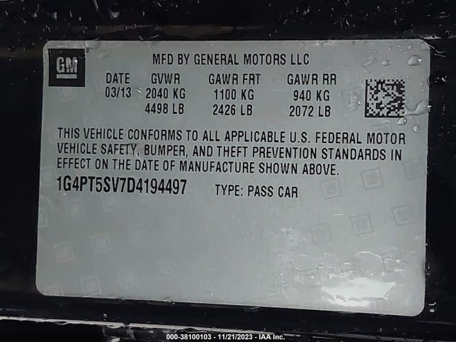 38100103 :رقم المزاد ، 1G4PT5SV7D4194497 vin ، 2013 Buick Verano Premium Group مزاد بيع