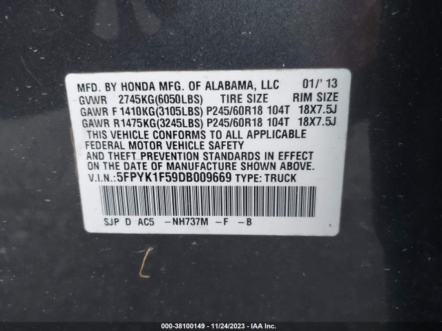 2013 HONDA RIDGELINE RTL VIN: 5FPYK1F59DB009669