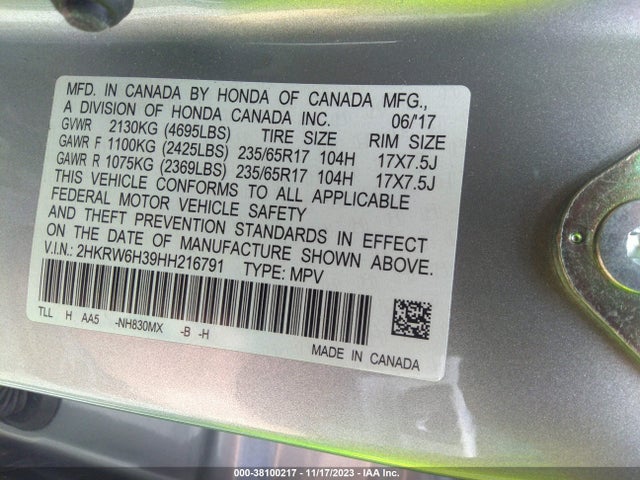 2017 HONDA CR-V LX VIN: 2HKRW6H39HH216791