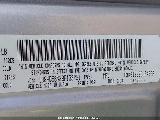 2008 DODGE DURANGO LIMITED VIN: 1D8HB58N28F133251