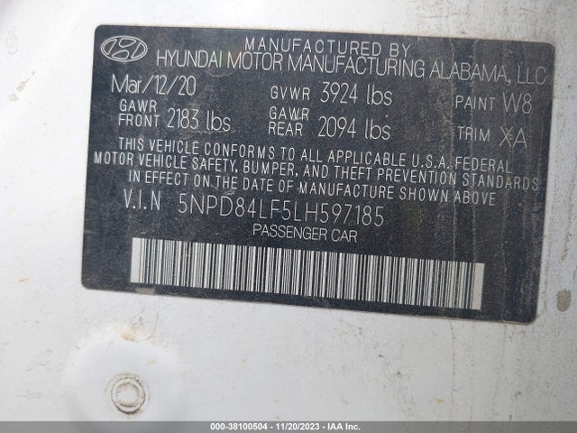 2020 HYUNDAI ELANTRA LIMITED VIN: 5NPD84LF5LH597185