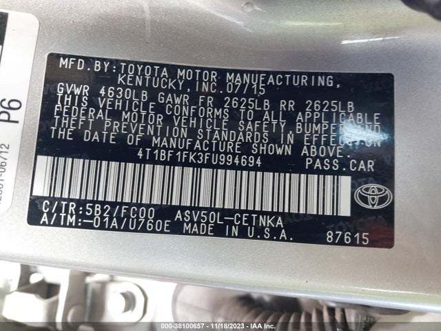 2015 TOYOTA CAMRY LE VIN: 4T1BF1FK3FU994694