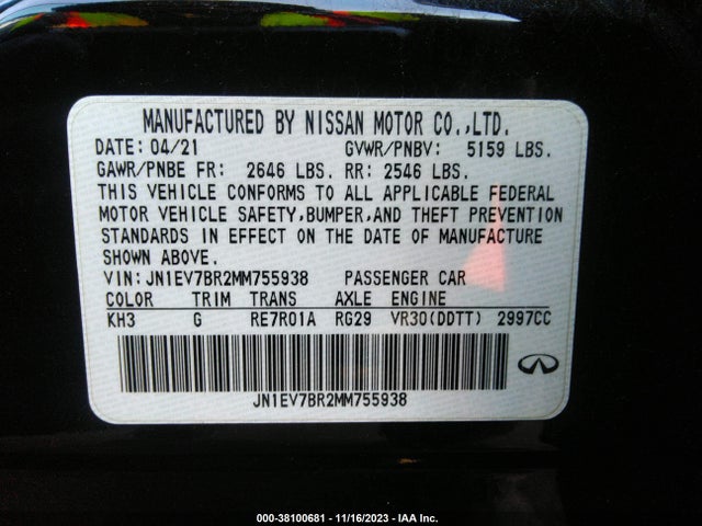 2021 INFINITI Q50 LUXE AWD VIN: JN1EV7BR2MM755938