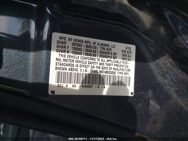 2004 HONDA ODYSSEY EX VIN: 5FNRL18674B003336