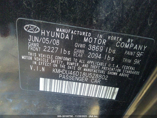 2008 HYUNDAI ELANTRA GLS/SE VIN: KMHDU46D18U528802
