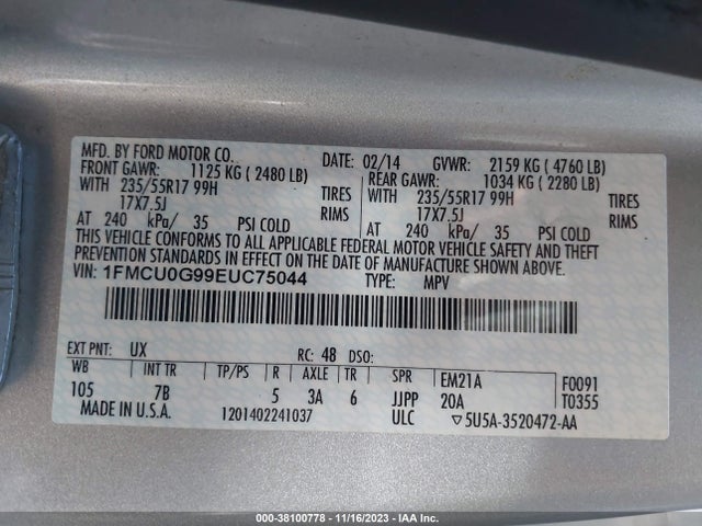 38100778 :رقم المزاد ، 1FMCU0G99EUC75044 vin ، 2014 Ford Escape Se مزاد بيع